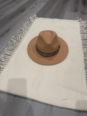 Tan Wide-Brim Hat with Black & White Geometric Band